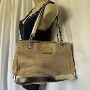 Tignanello Rattan Woven Faux Leather Gold Metallic Trim Shoulder Bag Purse